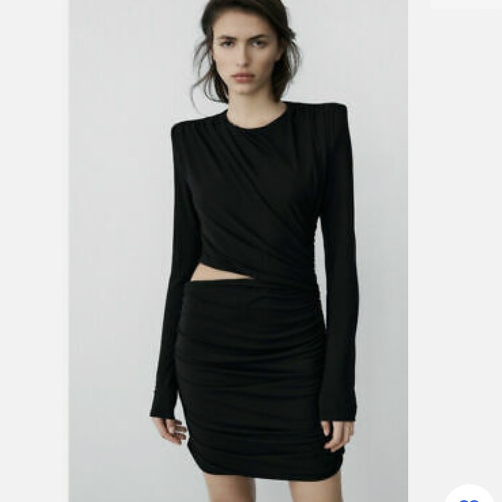 NWT ZARA DRAPED BLACK SHOULDER PADS CUT OUT MINI DRESS, SIZE L